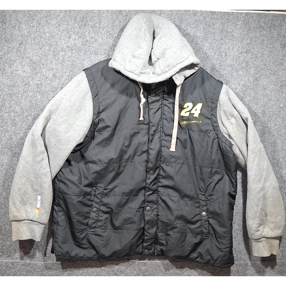 NASCAR Jeff Gordon 24 Hendrick Motorsport Jacket Mens XXL Black Grey Puffer Hood